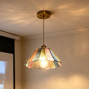 Vintage Art Decor Small Adjustable Height Pendant Light Multicolor Glass Petal-Shaped Indoor Decorative Hanging Lamp