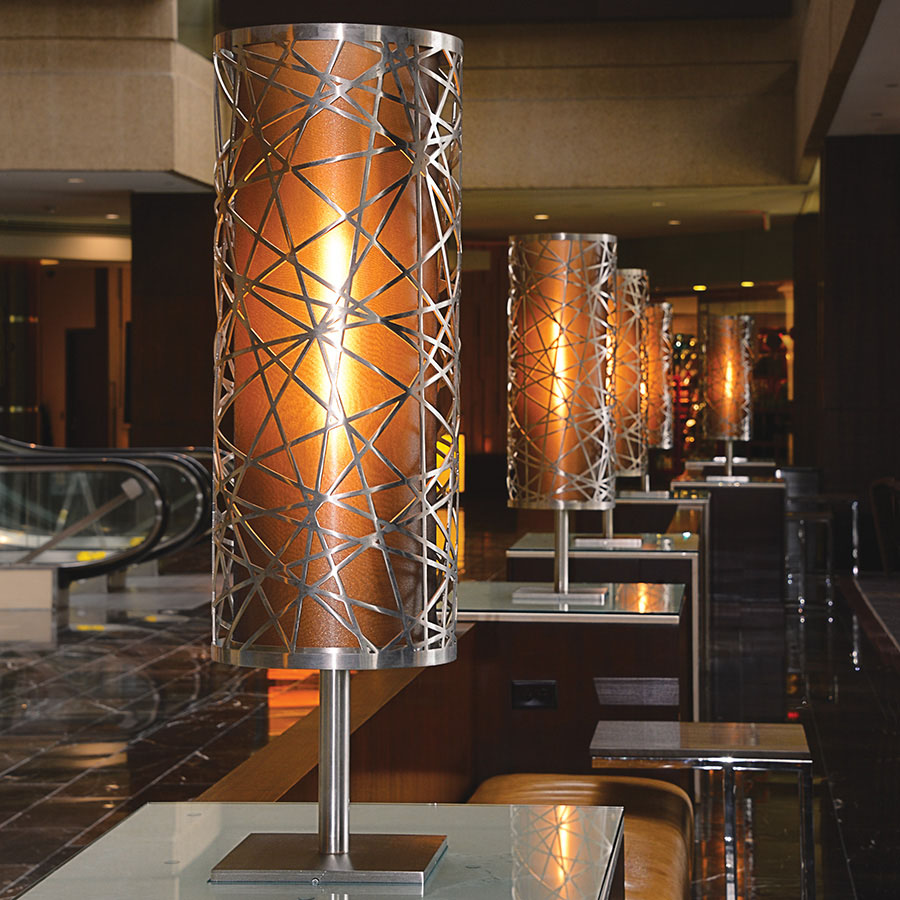 Secanto Laser Cut Brushed Chrome Table Lamp with Organza Shade